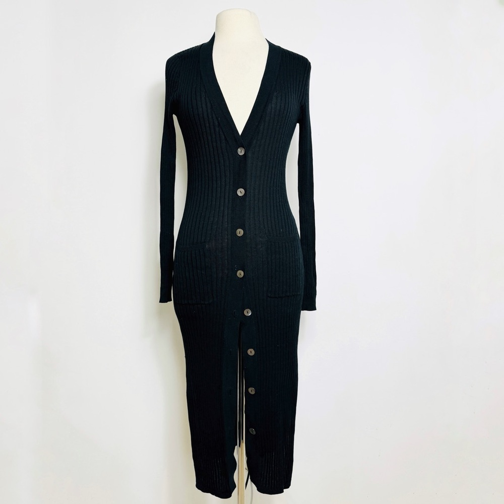 Long Ribbed Button-Front Black Cardigan Sweater - Picture 2 of 9